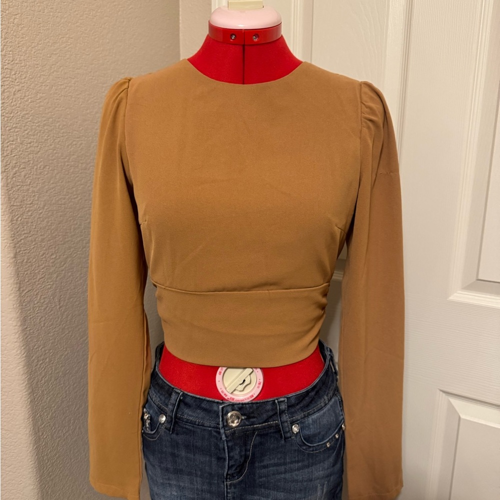 HYFVE Tan Open Back Long Sleeve Crop Top
